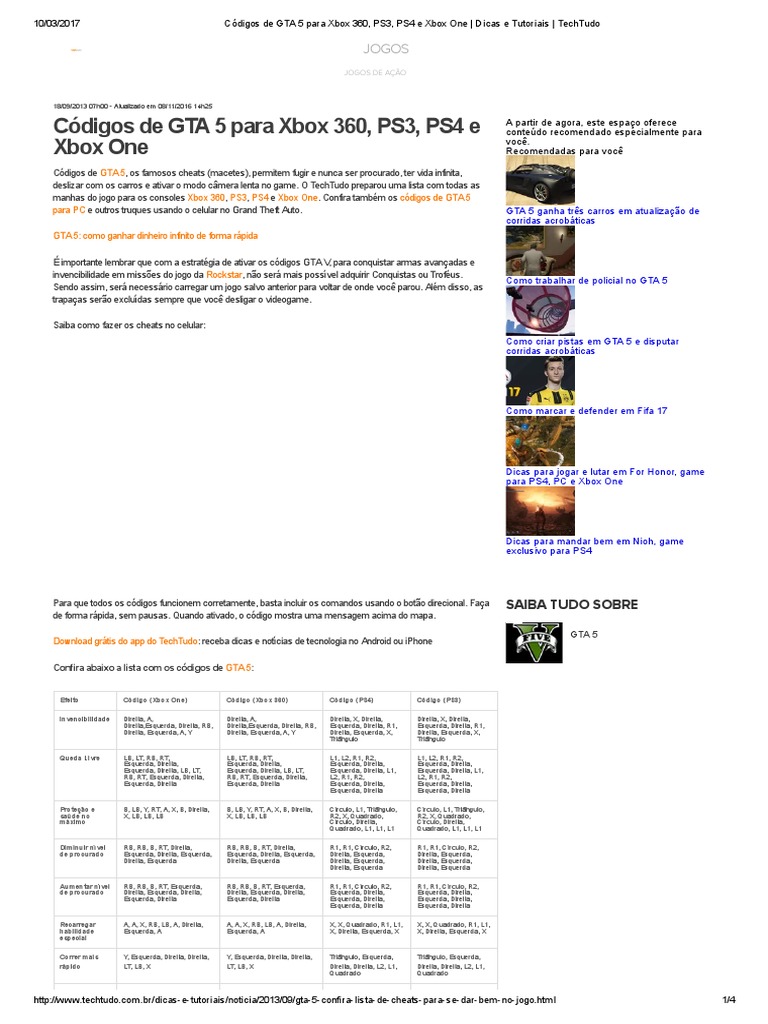 Códigos de GTA 5 para Xbox 360, PS3, PS4 e Xbox One - Dicas e Tutoriais -  TechTudo, PDF, Videogames